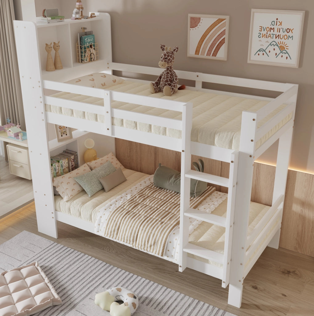 Letto a castello bianco 90x200 cm con ripiani e scala a 3 gradini