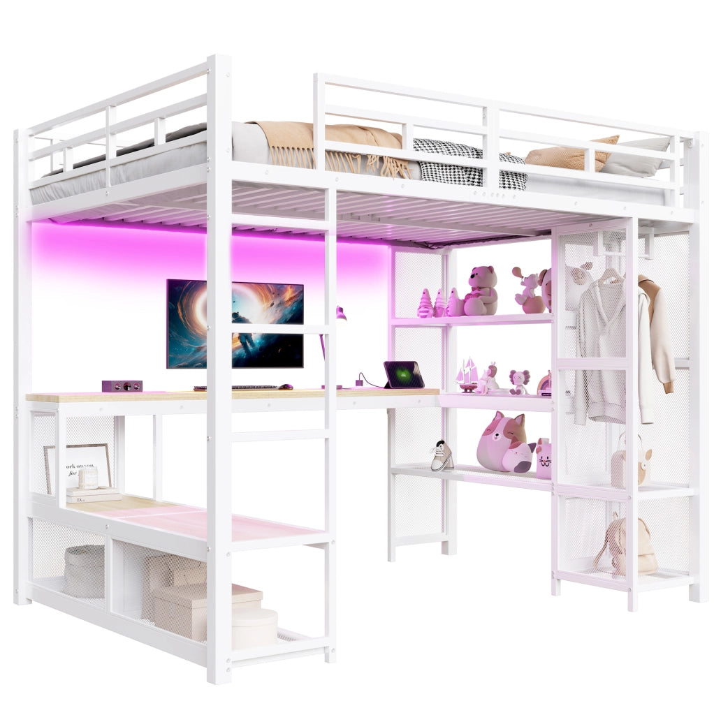 Letto a soppalco 140x200 con scrivania, LED e armadio