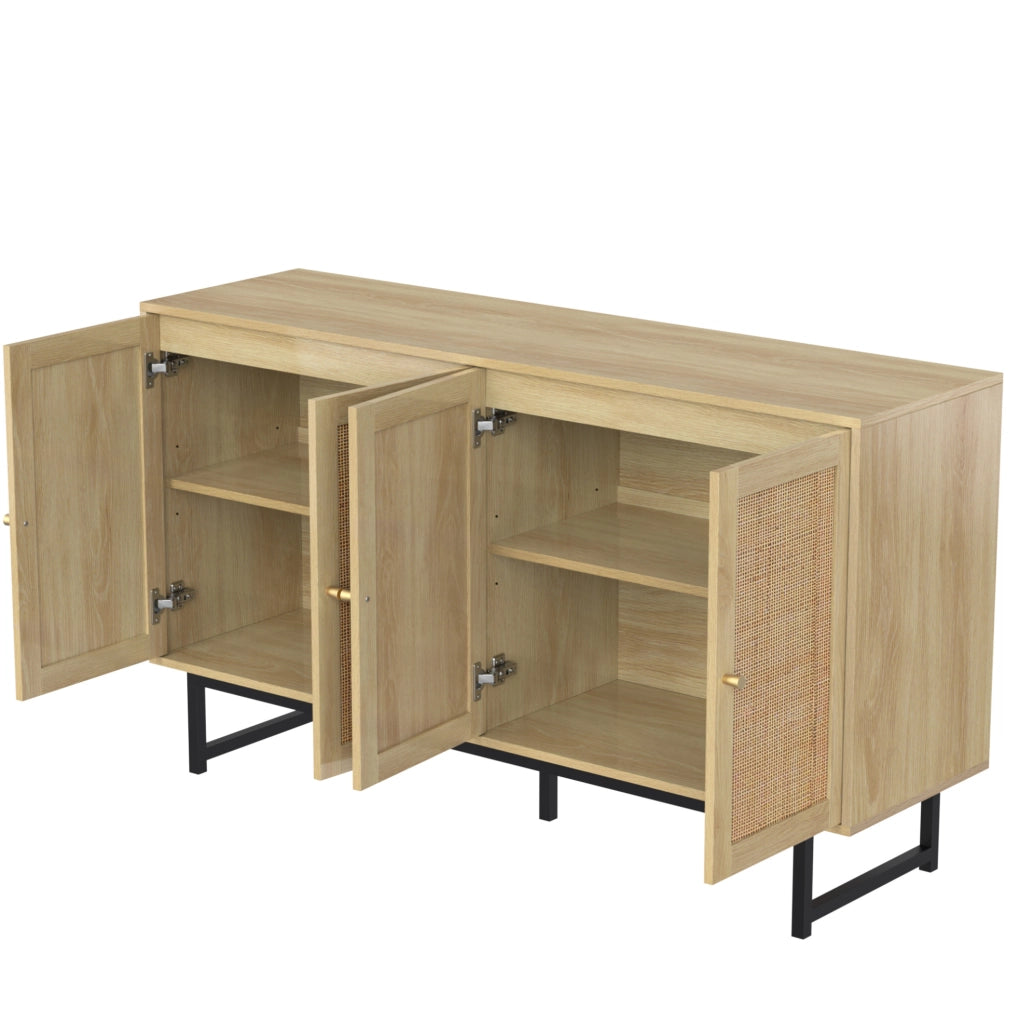 Sideboard 140x39,5x80 cm in effetto legno con intreccio in vero rattan e 4 porte