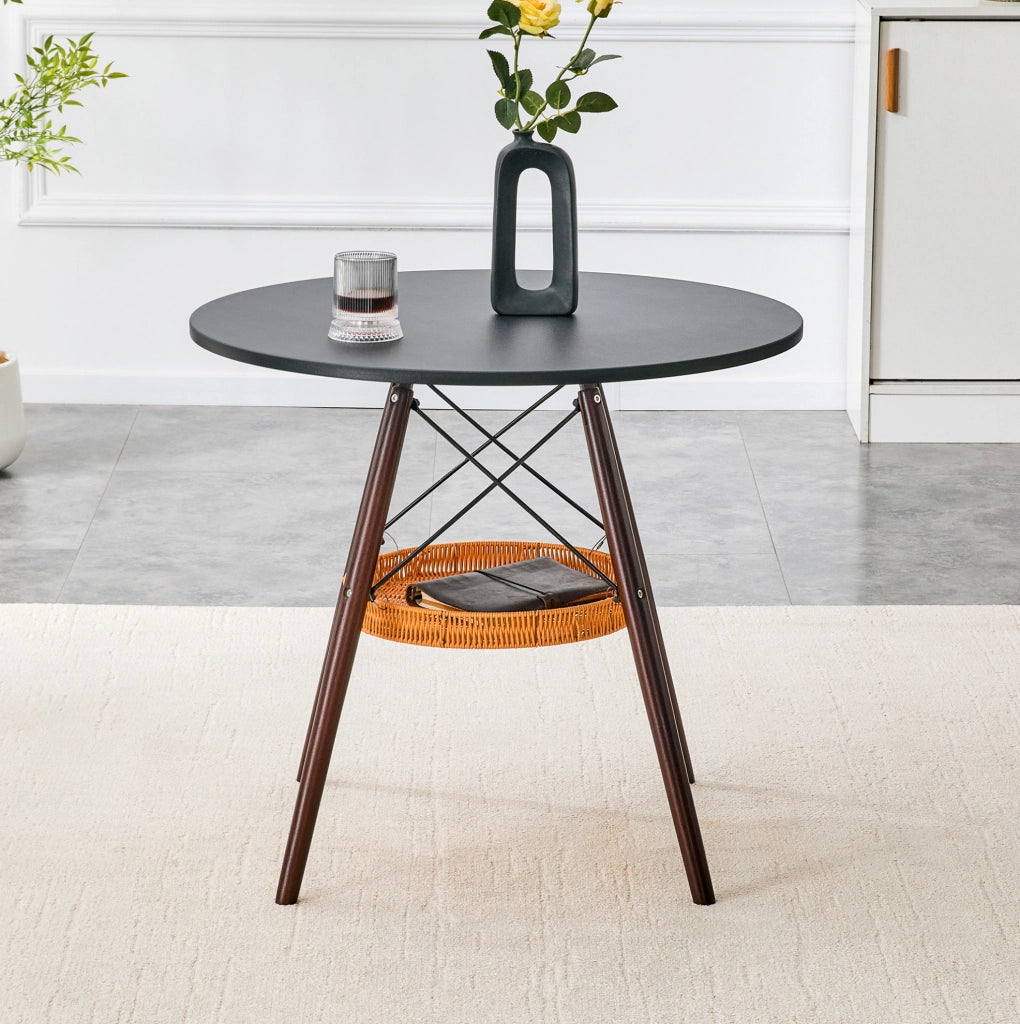 Tavolo da pranzo rotondo 80 cm nero noce MDF, cestino sospeso