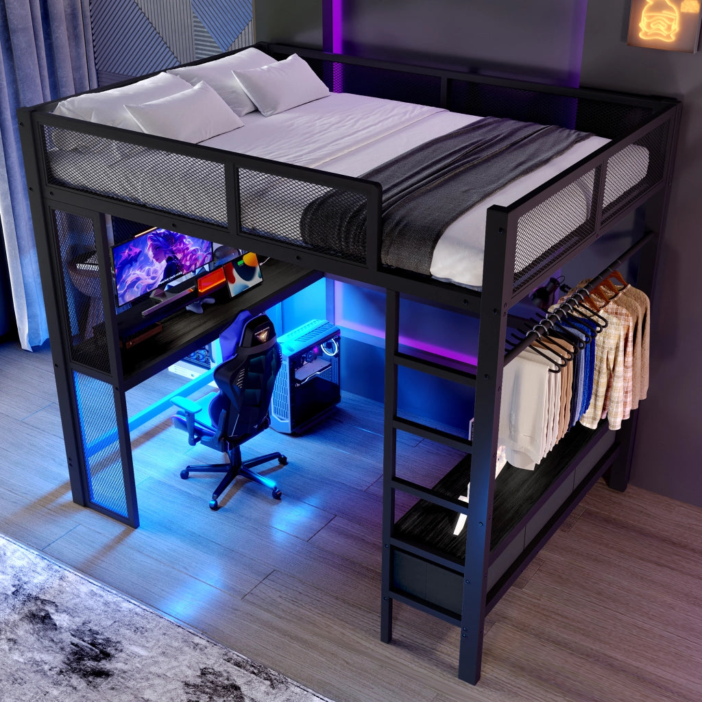 Letto a Soppalco 140x200 cm con Scrivania; Armadio; LED; USB; Scala e Sponde; Nero