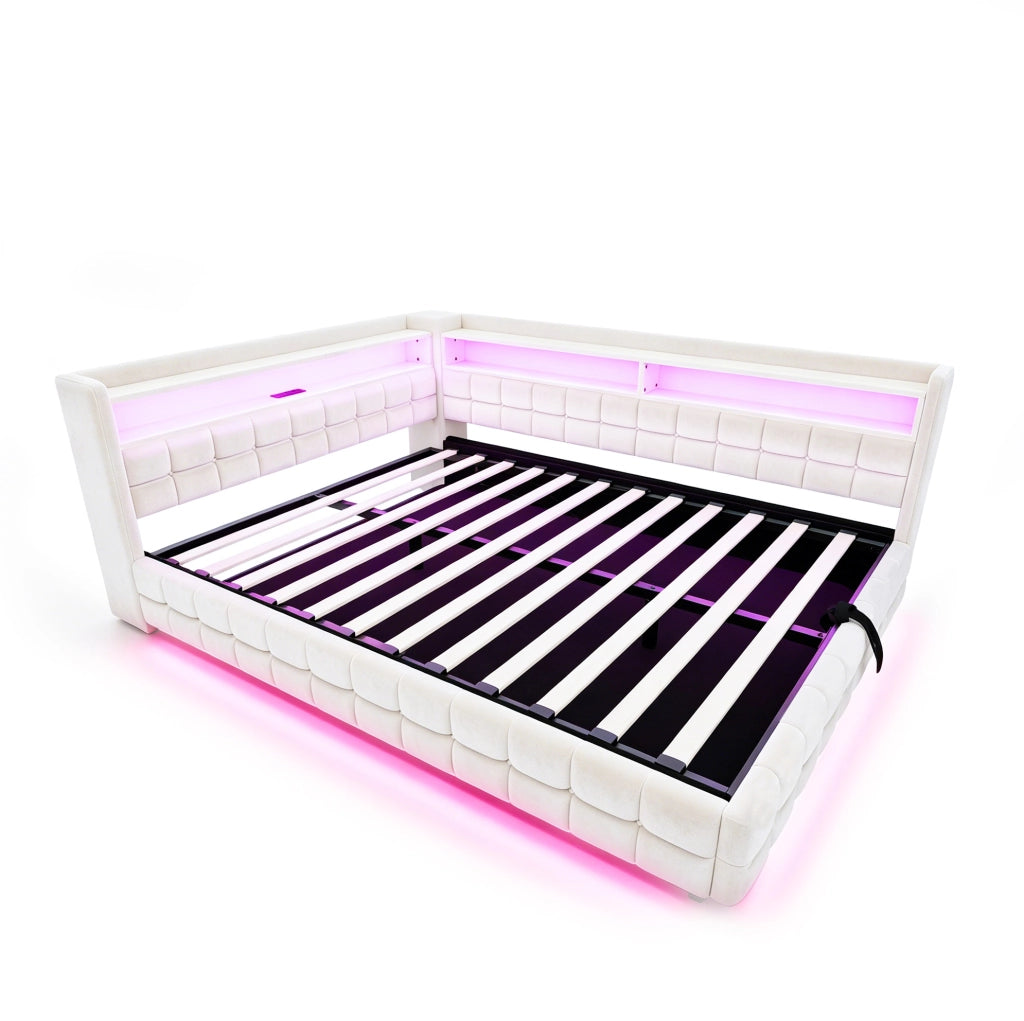 Divano letto imbottito ULEVR 140x200 cm con vano idraulico, LED, presa USB e Type-C, velluto beige