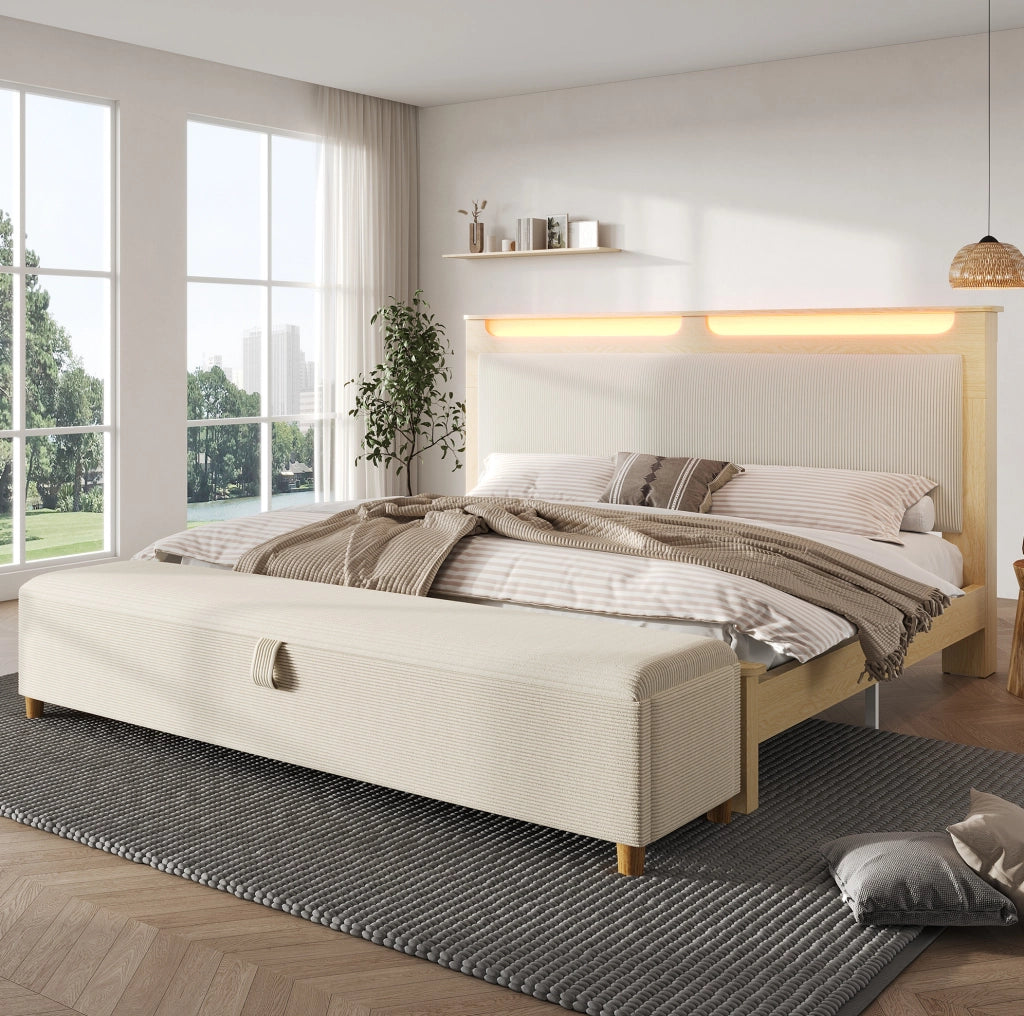 Letto matrimoniale 160x200 cm con testiera LED; panca contenitore e materasso; beige/rovere