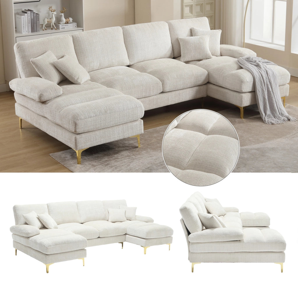 Divano componibile a U in chenille beige con doppia chaise longue