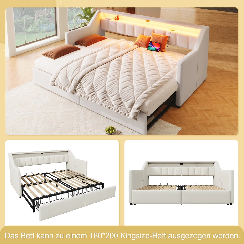 Letto estraibile singolo 90×200 cm con USB; Type-C; LED; 2 cassetti e 2 tasche; senza materasso; lino; beige