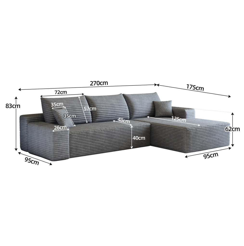 Divano modulare angolare grigio 270 cm con chaise longue a L in velluto a coste, senza montaggio