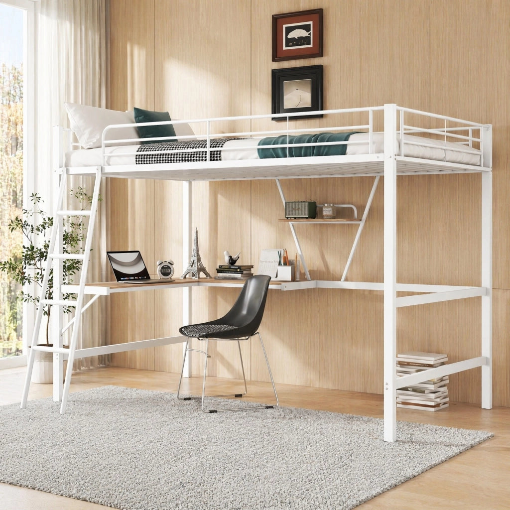 Letto a soppalco 90 × 200 cm con scrivania a L e scaffale in metallo e MDF bianco