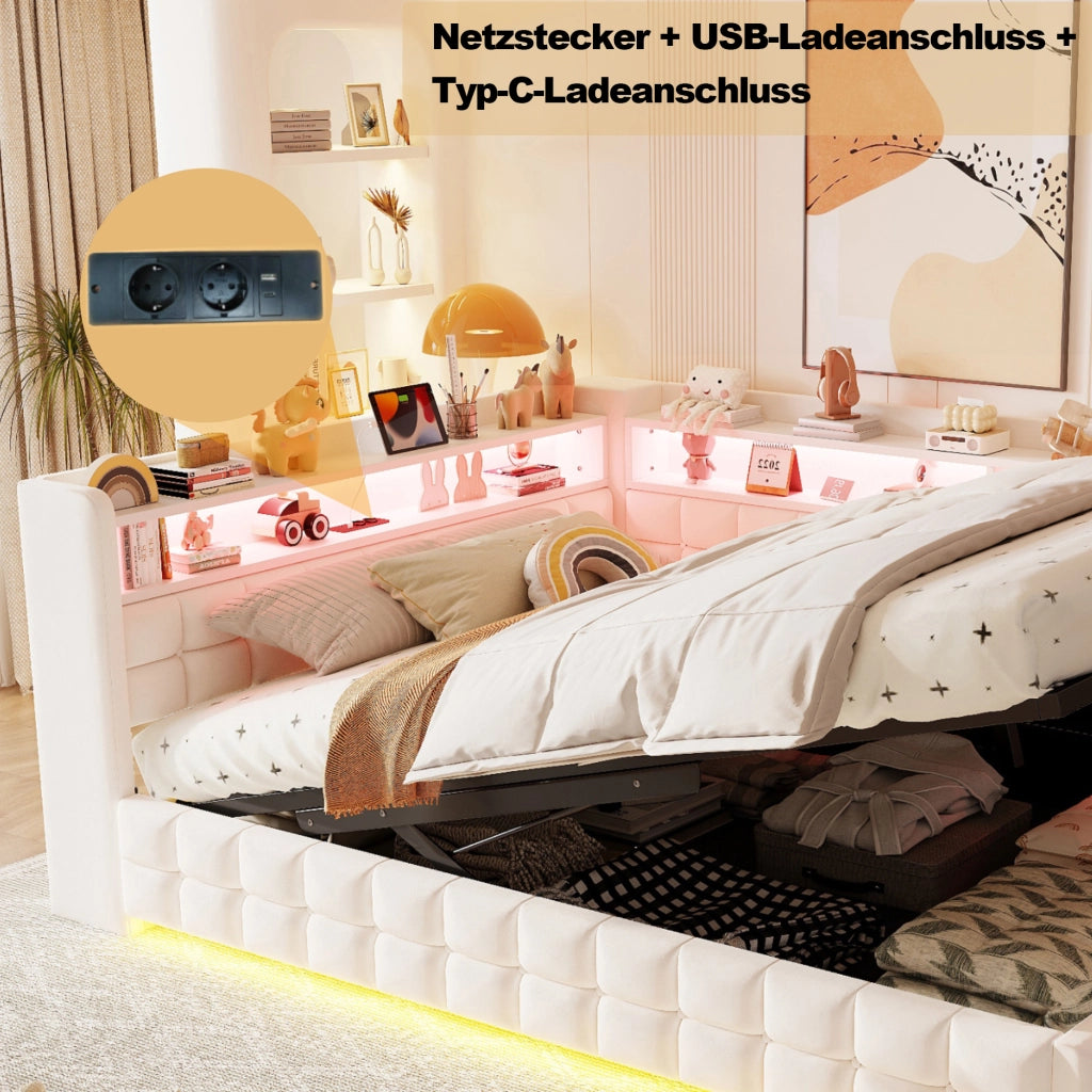 Letto imbottito multifunzione 140 × 200 cm in velluto beige con contenitore idraulico LED e prese di ricarica