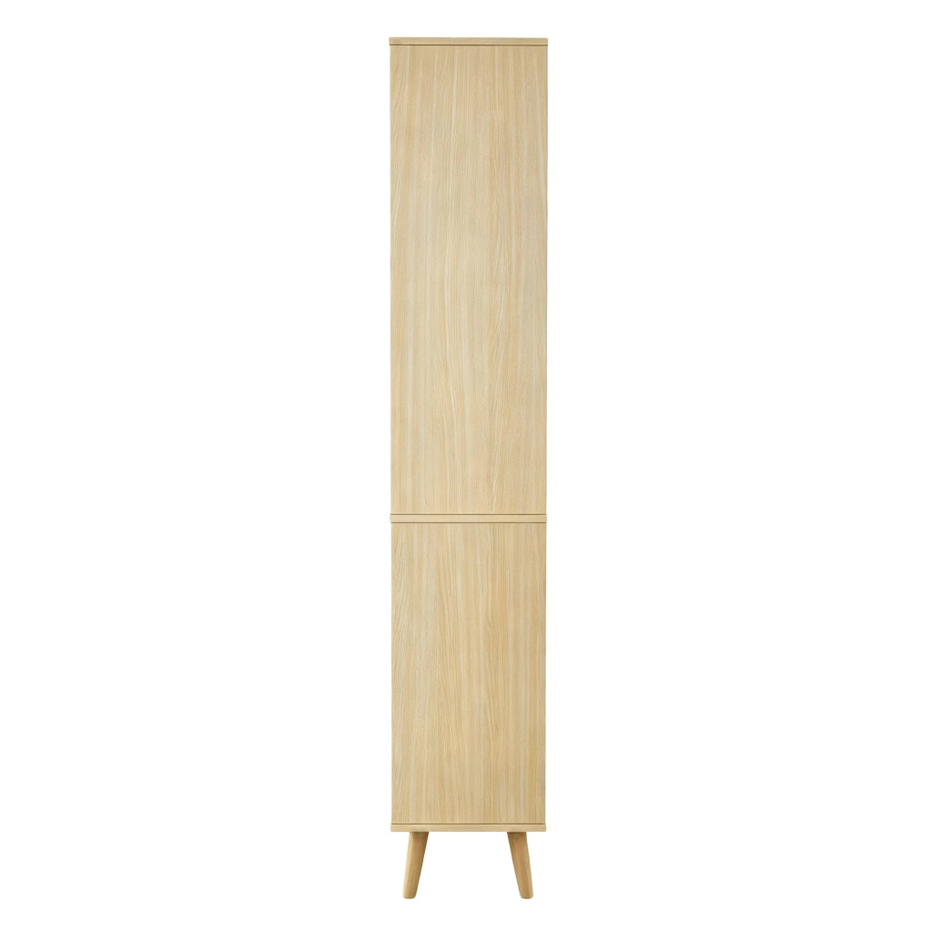 Colonna da bagno autoportante 166 cm con ante in rattan reversibili e cassetto, finitura legno naturale, 40×30×166 cm