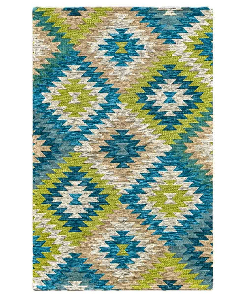 Tappeto moderno AVANA VERDE BLU geometrico etnico kilim, Tappeto arredo soggiorno salotto camera lavabile anti-scivolo cm.140x200