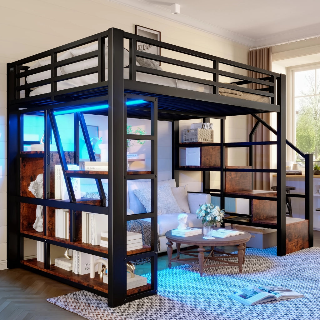 Letto a soppalco 140x200 cm con LED; scala con contenitore e ripiani; metallo e MDF nero