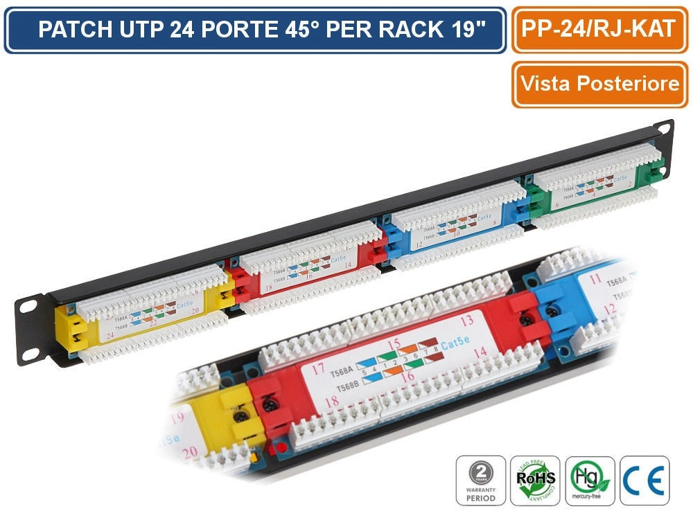PANNELLO PATCH UTP 24 PORTE 45° PER ARMADIO RACK 19" 1U