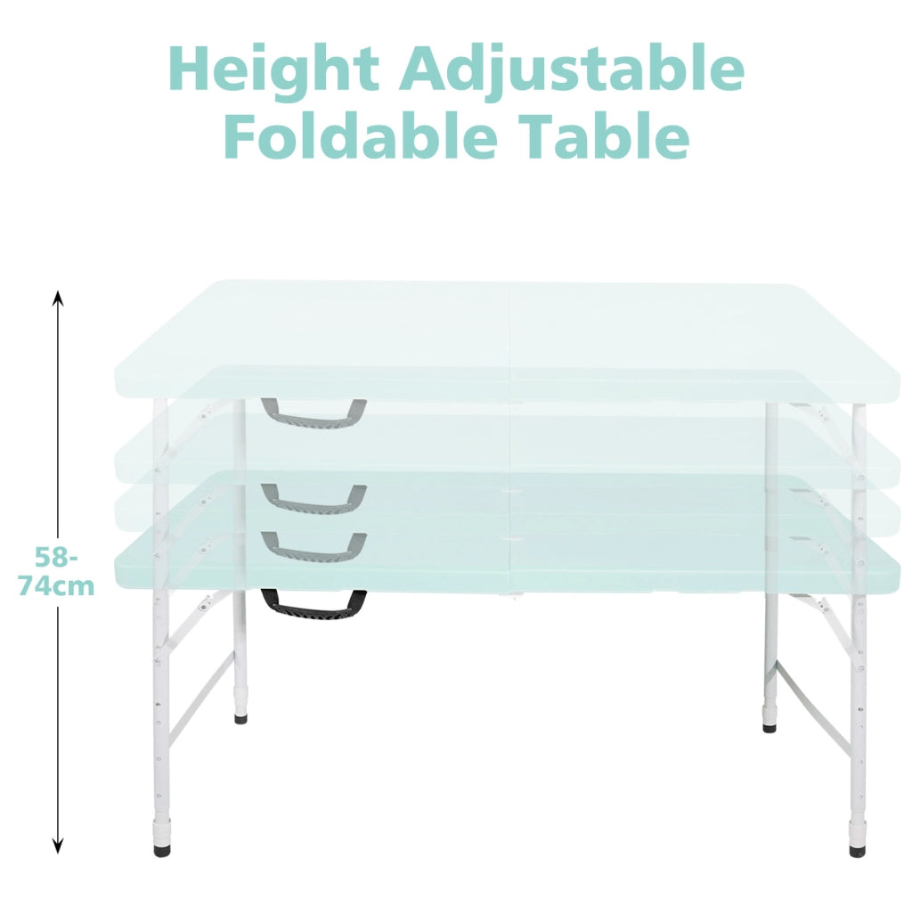 Tavolo pieghevole 125x61 cm blu in plastica e ferro; altezza regolabile