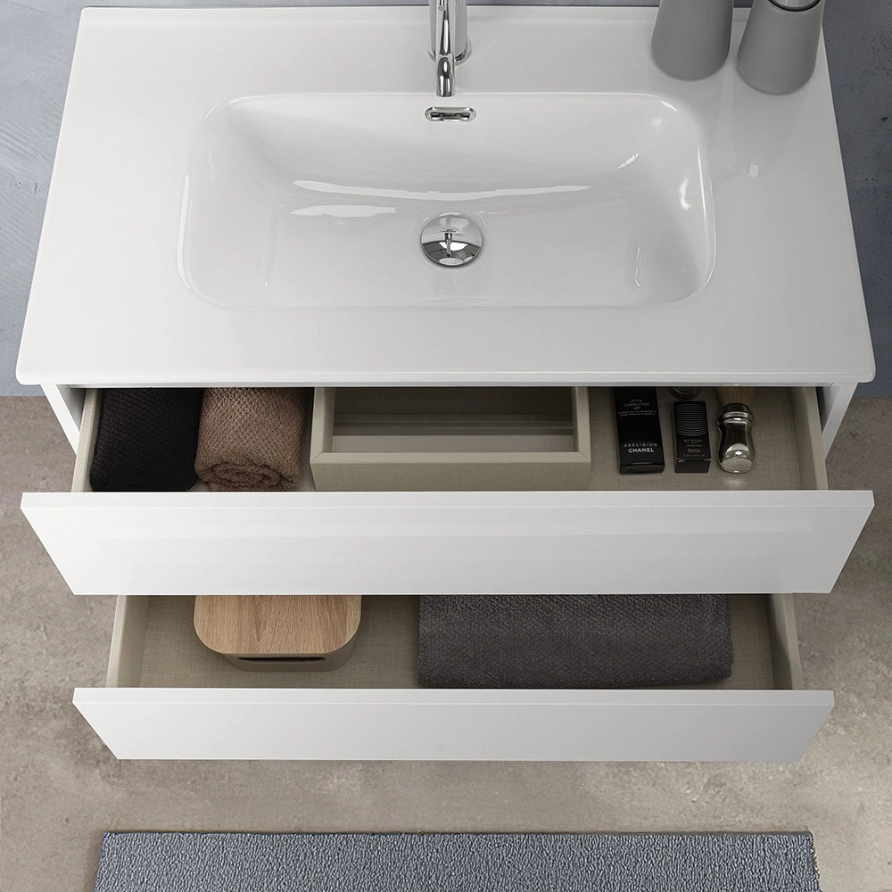 Mobile bagno sospeso 100 cm in legno bianco lucido 2 cassettoni con lavabo Leda