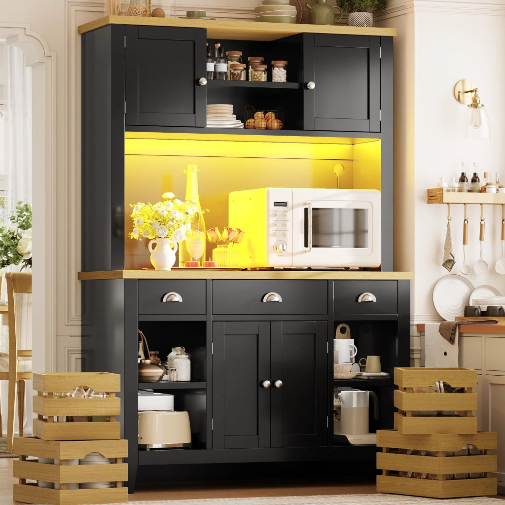 Credenza da cucina alta LED con ripiani regolabili e 4 cestelli, chiusura ammortizzata, nera, 120 × 40 × 188 cm