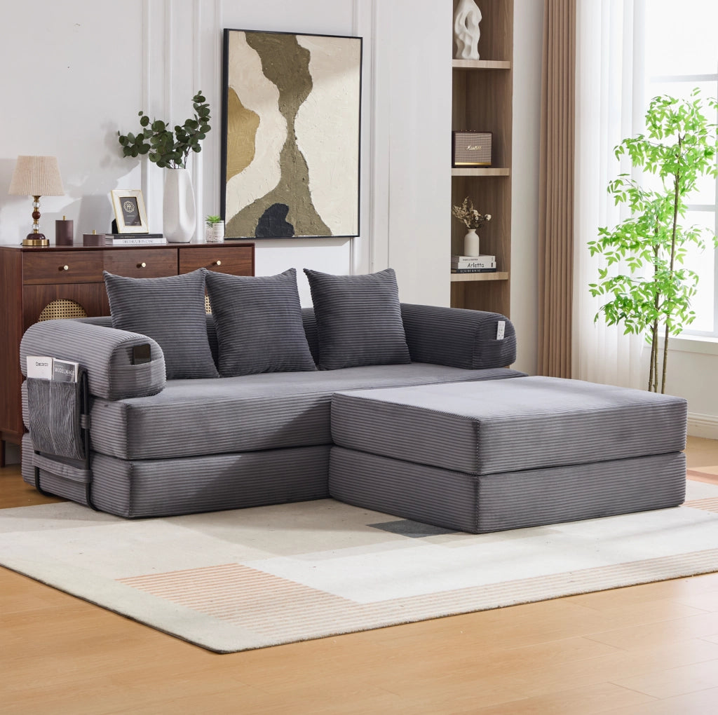 Sofa modulare in velluto a coste con pouf; tasca laterale e 3 cuscini; grigio scuro