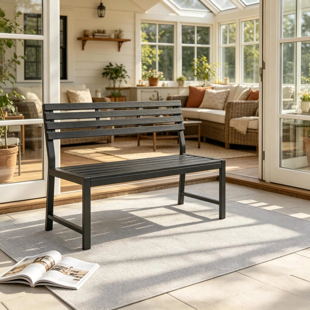 Panca da giardino con schienale in metallo e lamelle PS, 115x55x85 cm, colore nero