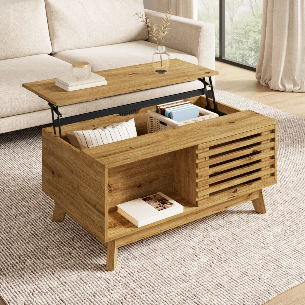 Tavolino basso alzabile con piano estensibile e anta scorrevole a lamelle in MDF naturale 90 × 55 × 57.5 cm