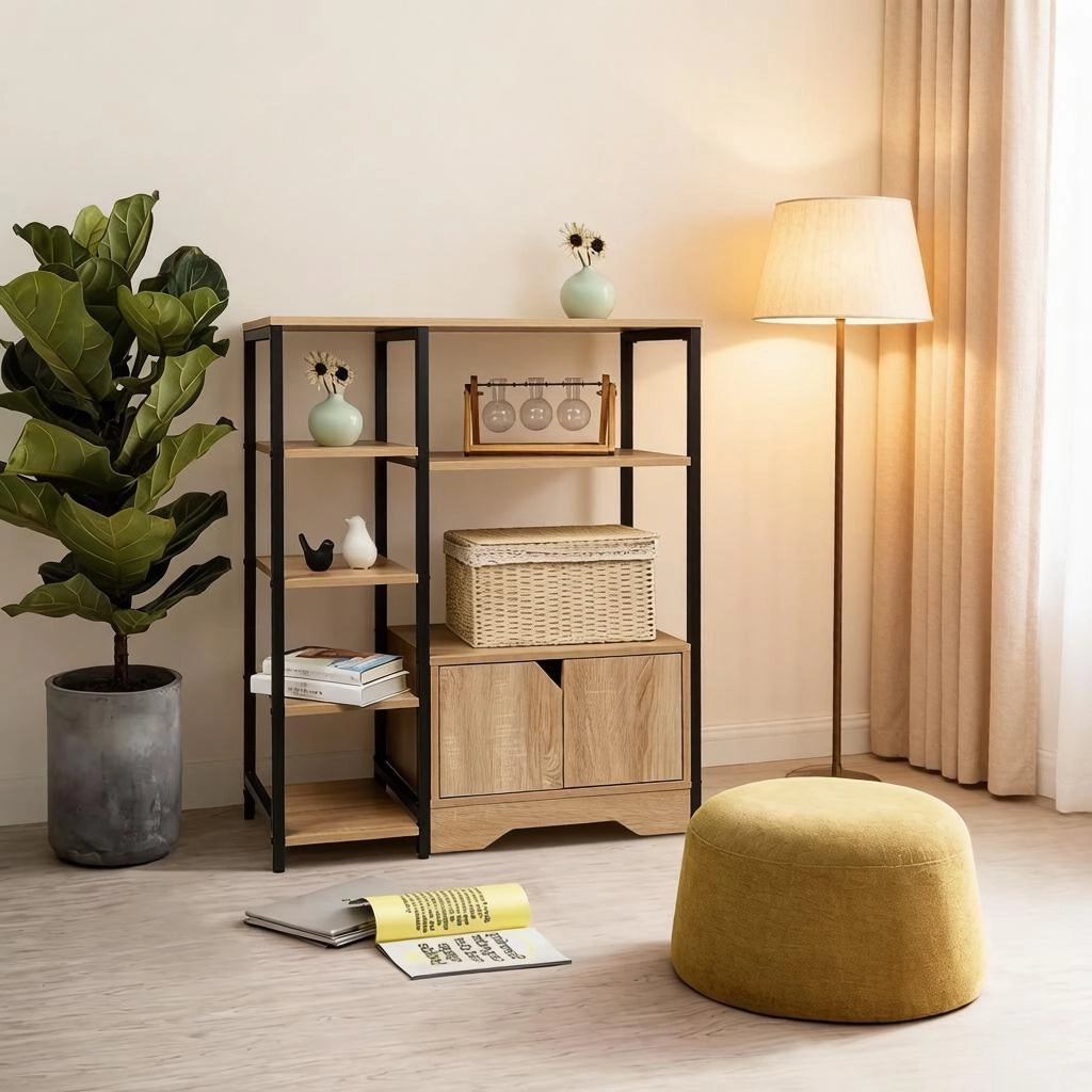 Libreria con 4 ripiani; 2 ripiani laterali e cassetto in legno color rovere chiaro per soggiorno 80 × 35 × 97 cm
