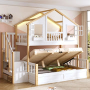 Letto a castello per bambini 90 × 200 cm e 140 × 200 cm in legno bianco con LED e scala contenitore