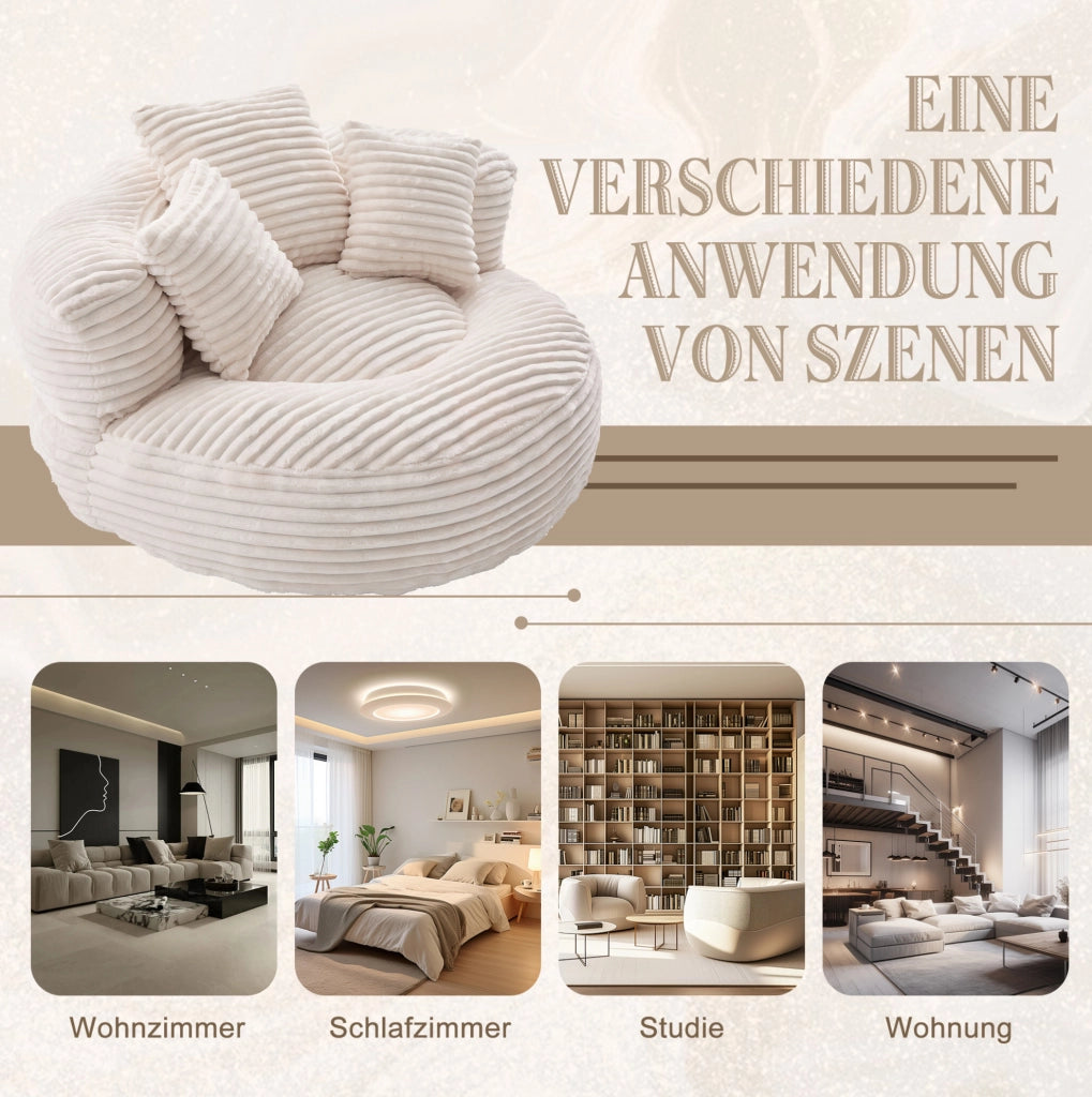 Poltrona sacco in velluto a coste con schienale alto e braccioli; beige; 108x108x52 cm