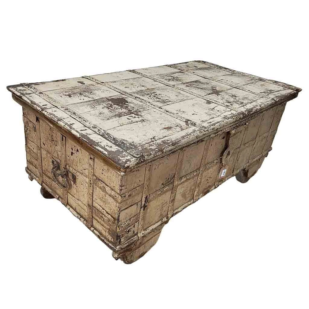 Tavolo contenitore in legno con finitura marrone artigianale, 136x71x59h cm