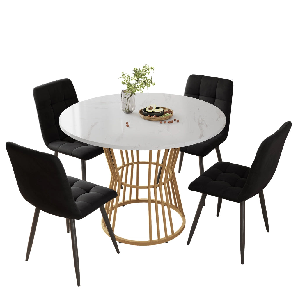Set tavolo da pranzo rotondo 100 cm, piano MDF bianco e gambe metallo oro, con 4 sedie in velluto nero, 5 pezzi