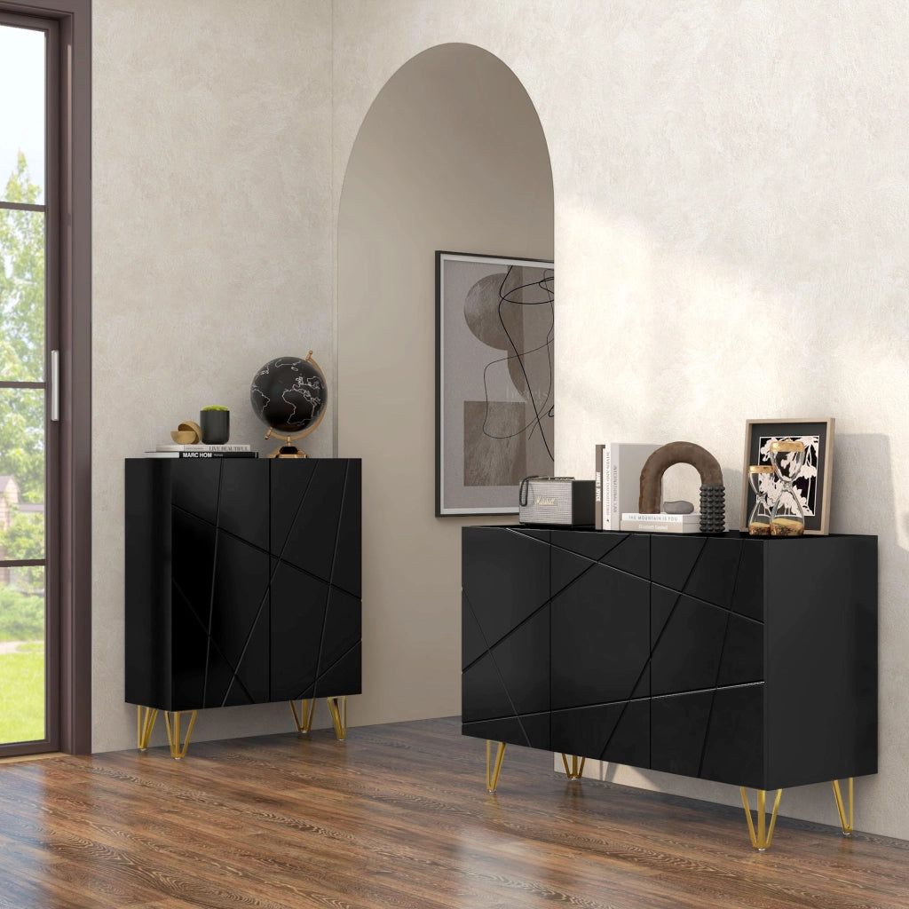 Cassettiera con 2 Ante e Ripiano Regolabile ¨C zephmum ¨C Nero e Oro 120x40x75
