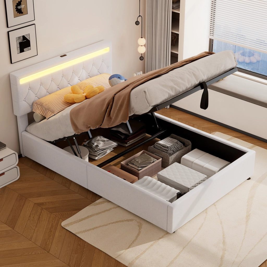LETTO Imbottito Contenitore 140x200 cm in Lino Bianco con LED, USB e USB-C