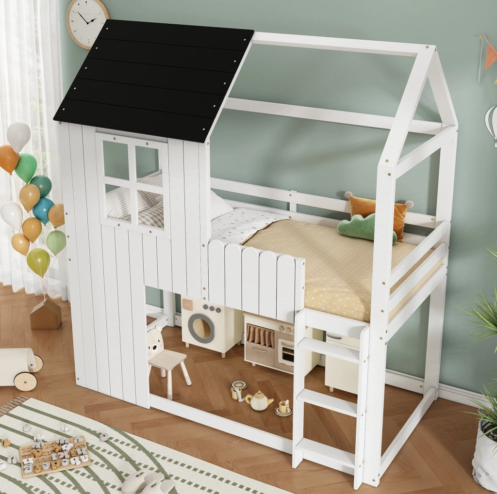 Letto a soppalco per bambini con forma casa e scala a 3 gradini