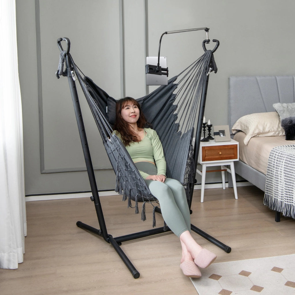 Sedia amaca sospesa con supporto cuscino e tasca laterale, Sedia appesa regolabile in altezza Grigio-Amache e supporto