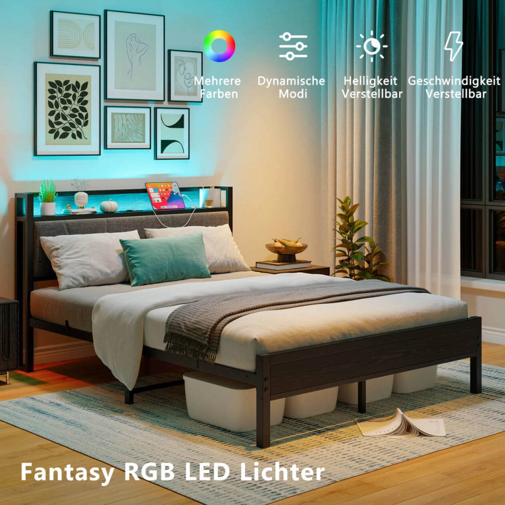 Struttura Letto 140x200 cm con LED, Testiera con Porta USB, Supporto a Doghe in Metallo Resistente, Montaggio Facile