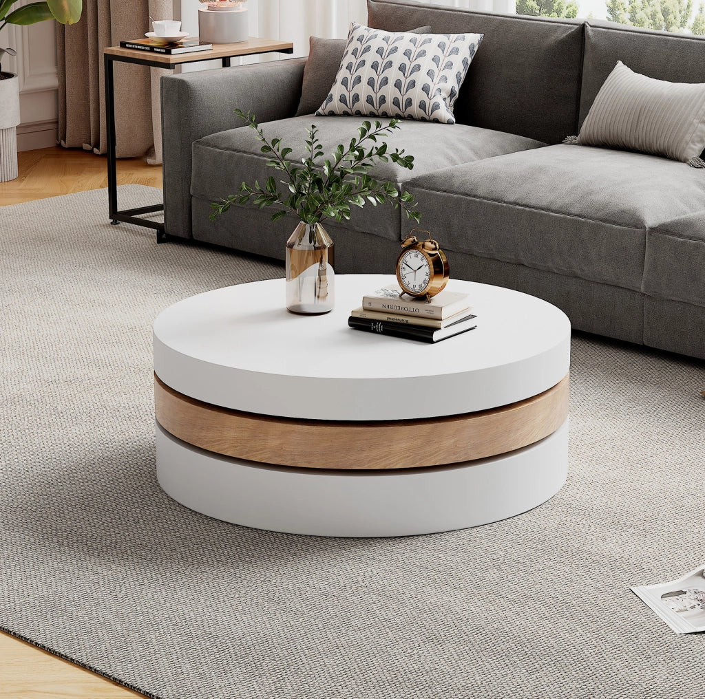 Tavolino da salotto rotondo girevole 360° 60x60 cm con vano contenitore bianco e legno naturale HOMVRA