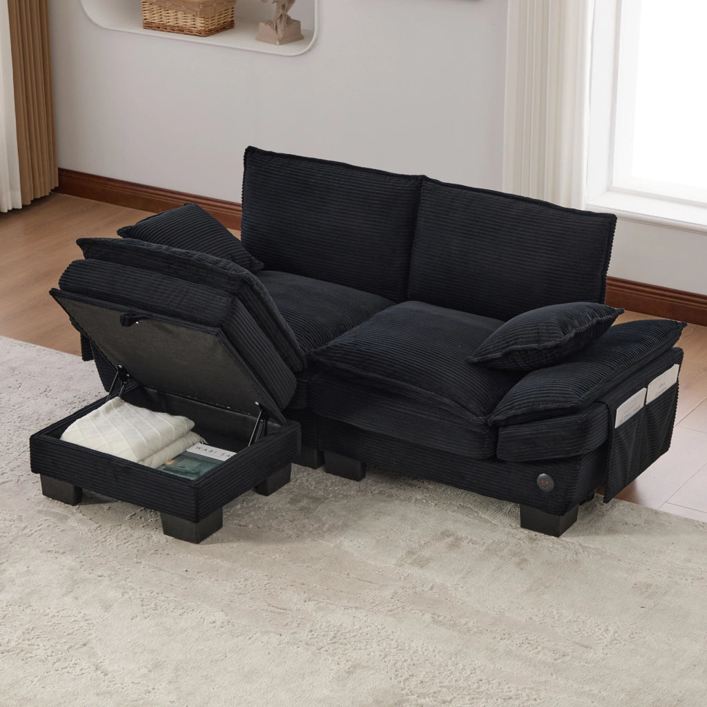 Divano 2 posti con pouf in velluto a coste nero e porta USB-C