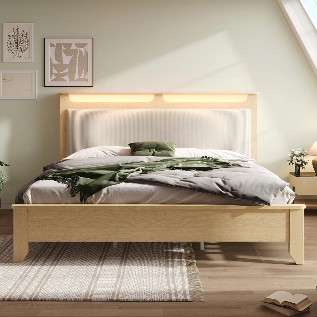 letto in legno e corduroy beige 140 x 200 cm