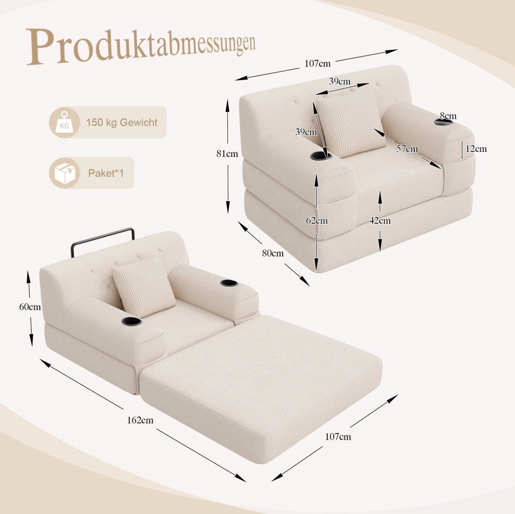 Divano Letto 1 Posto in Corduroy Beige con Schienale Alto, Telaio in Metallo, 2 Porta Bicchieri e 4 Tasche Laterali, Ideale per Soggiorno e Spazi Compatti