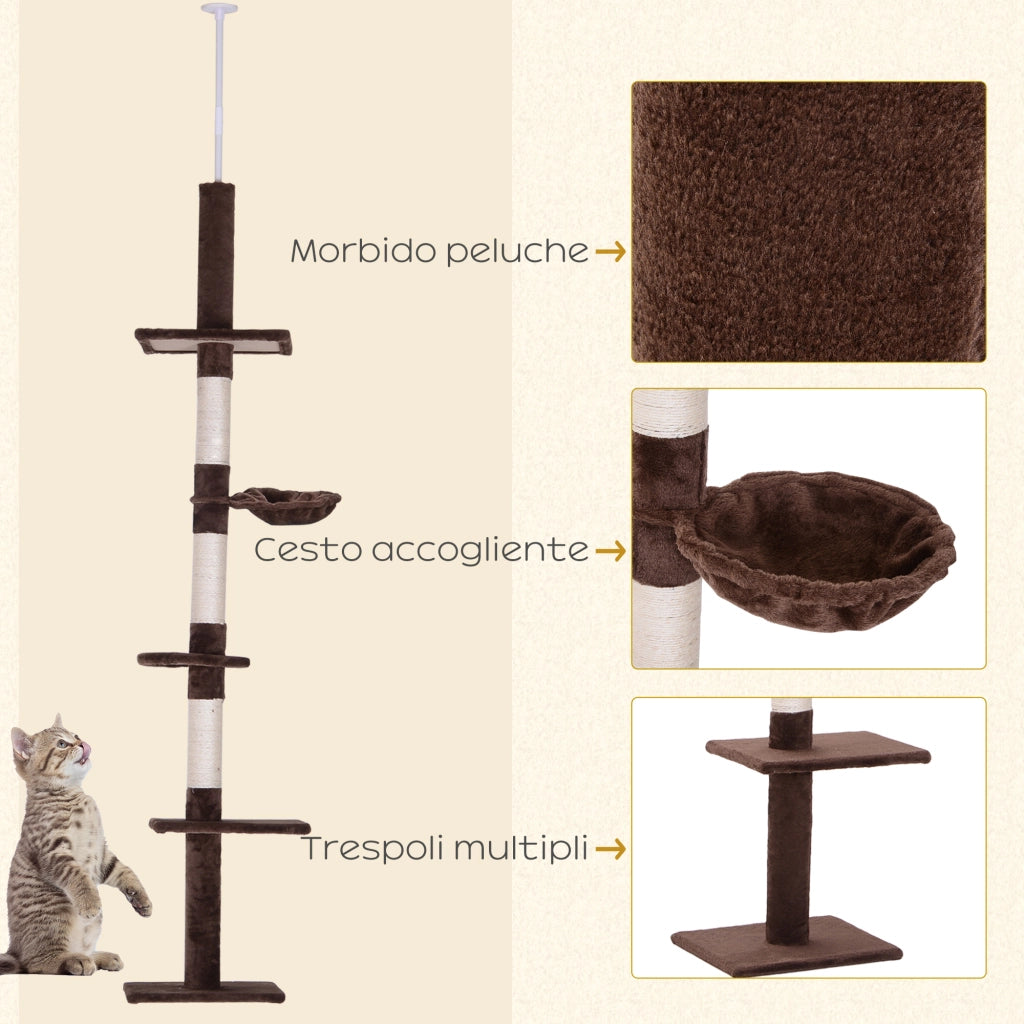 Albero tiragraffi multilivello a soffitto per gatti in sisal e peluche marrone con amaca regolabile 40x34x230-260cm
