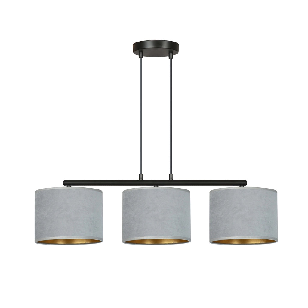 Lampadario 3 Luci Vinayaka In Acciaio Nero E Paralumi In Tessuto Grigio