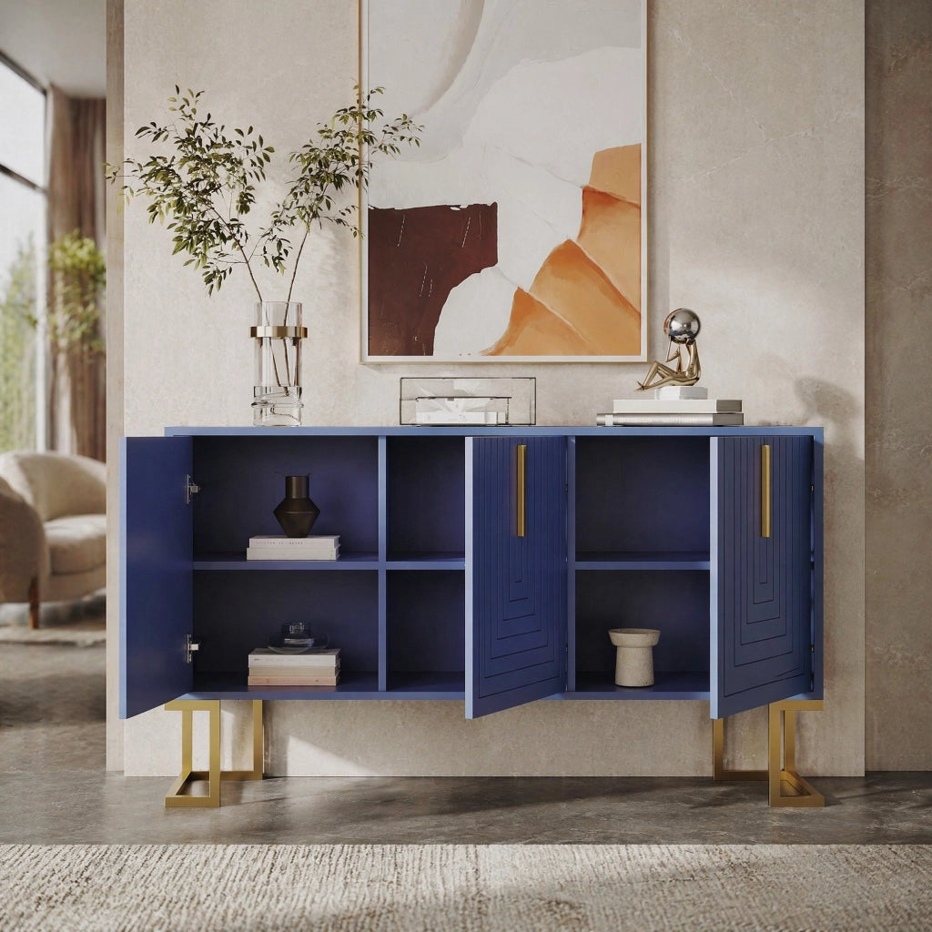 Credenza moderna 3 ante blu navy con ripiani regolabili; maniglie dorate e base in metallo