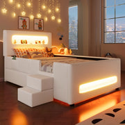 Letto imbottito a piattaforma 90 x 200 cm con scala, cassetti, strisce LED, USB e tasche contenitore - Bianco