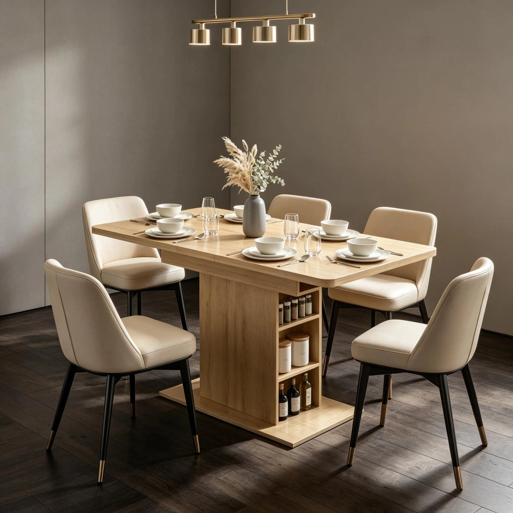 Tavolo da pranzo allungabile per 4-6 persone con 6 ripiani e vano interno per cucina, in MDF effetto legno naturale