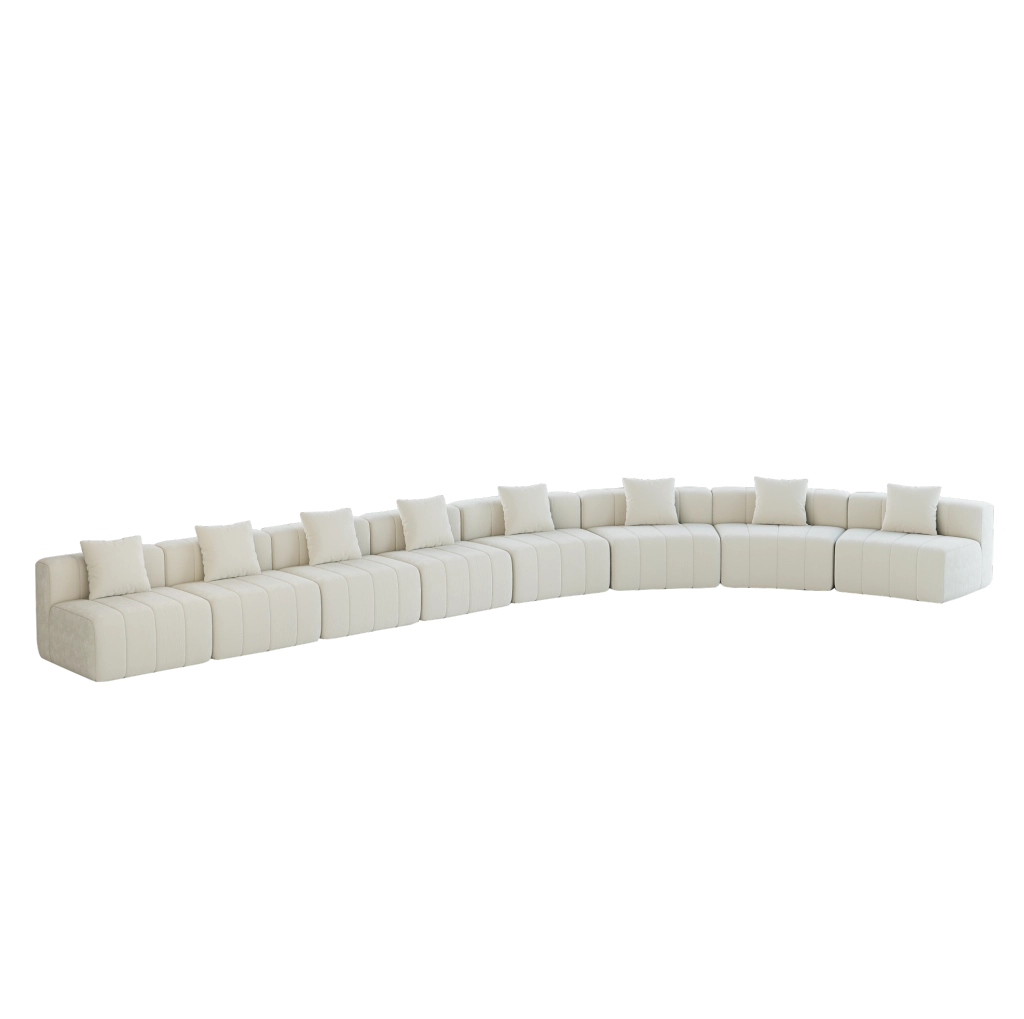 Modulo divano curvo ULEVR in ciniglia beige con 2 cuscini, seduta stile tasti di pianoforte
