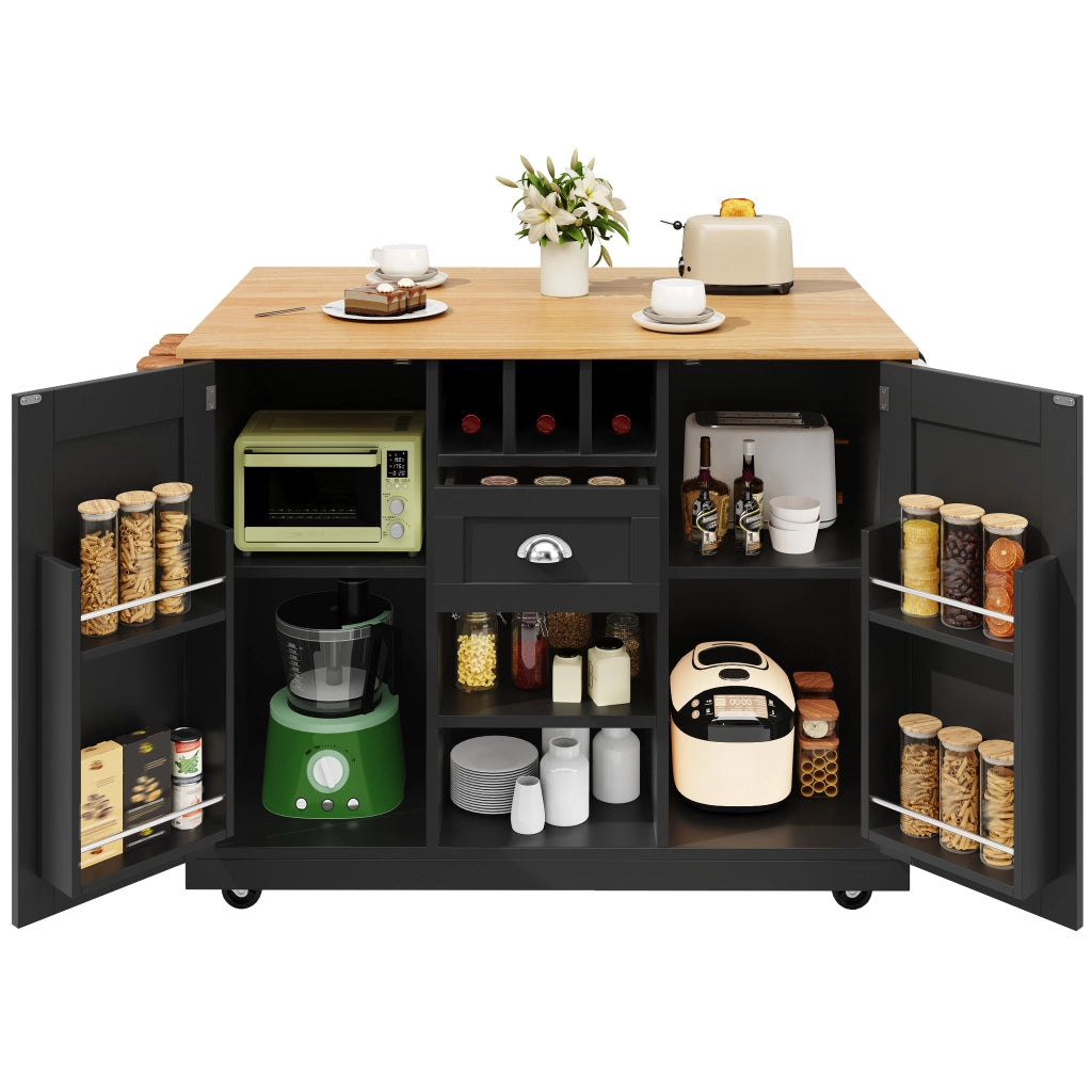 Isola cucina con tavolo estraibile; 2 cassetti e 4 ante; MDF bianco con maniglie nere e luce LED
