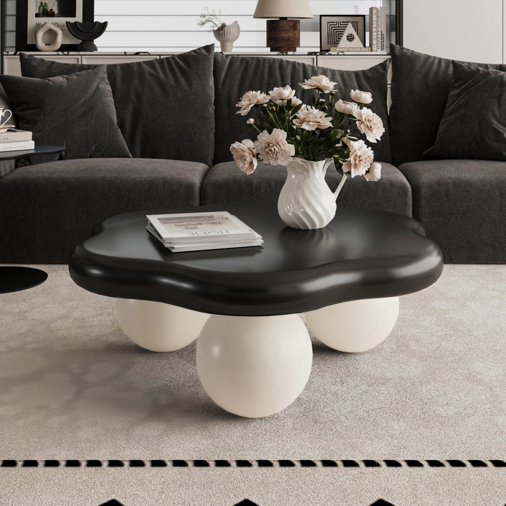 Tavolino basso fisso a nuvola in MDF nero e bianco con gambe sferiche arrotondate diametro 80 × altezza 35 cm