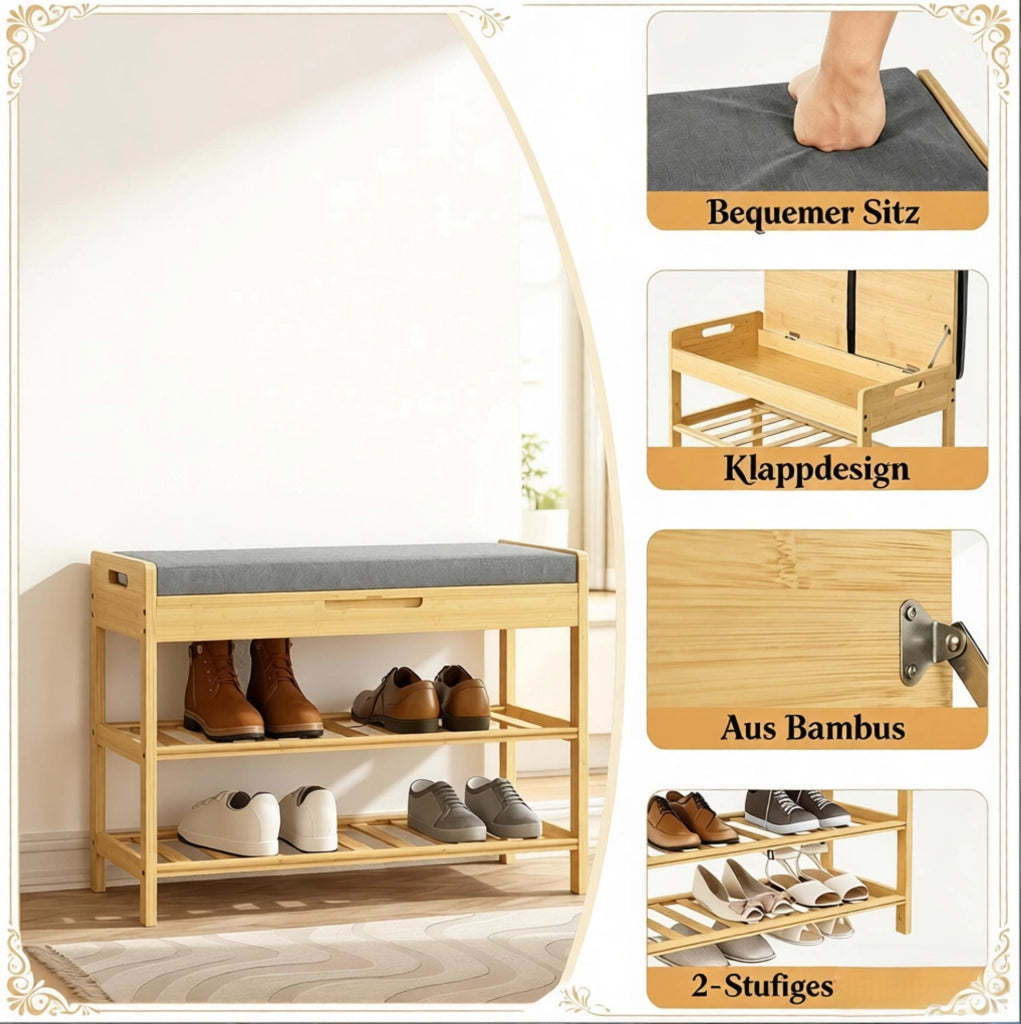 Panca Porta Scarpe Angolare in Bambù con Seduta Morbida e Vano Nascosto, 68x50x30 cm, Capacità 150 kg