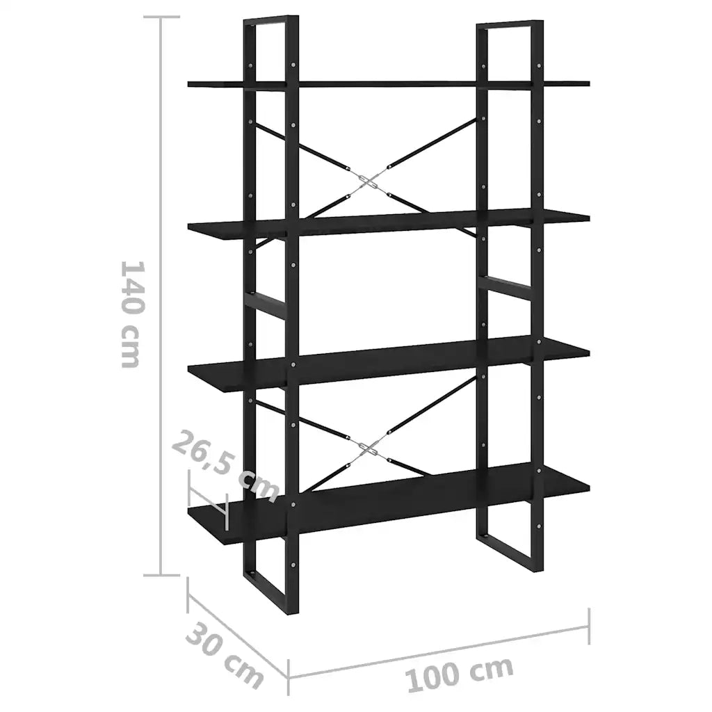 Libreria a 4 Ripiani Nera 100x30x140 cm in Massello di Pino 806486