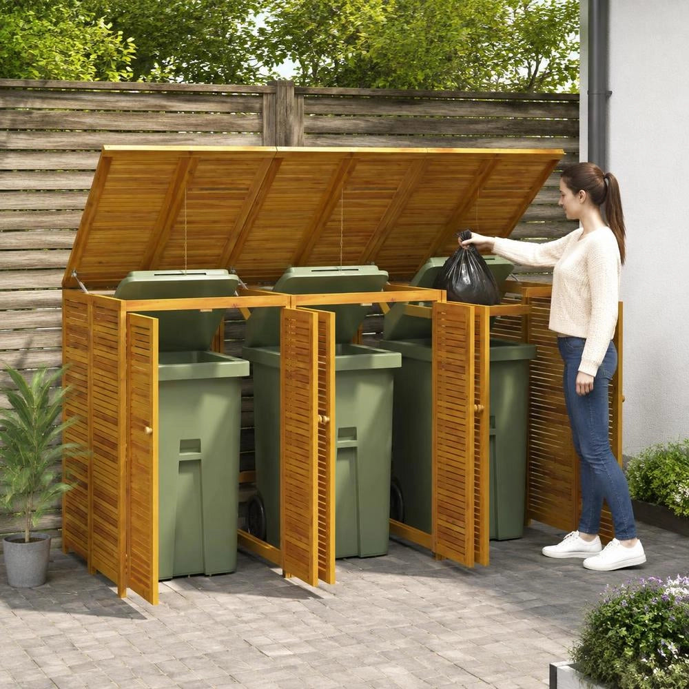 Bin Storage Unit For 3 Bins, 210x89x117 Cm, Solid Acacia Wood