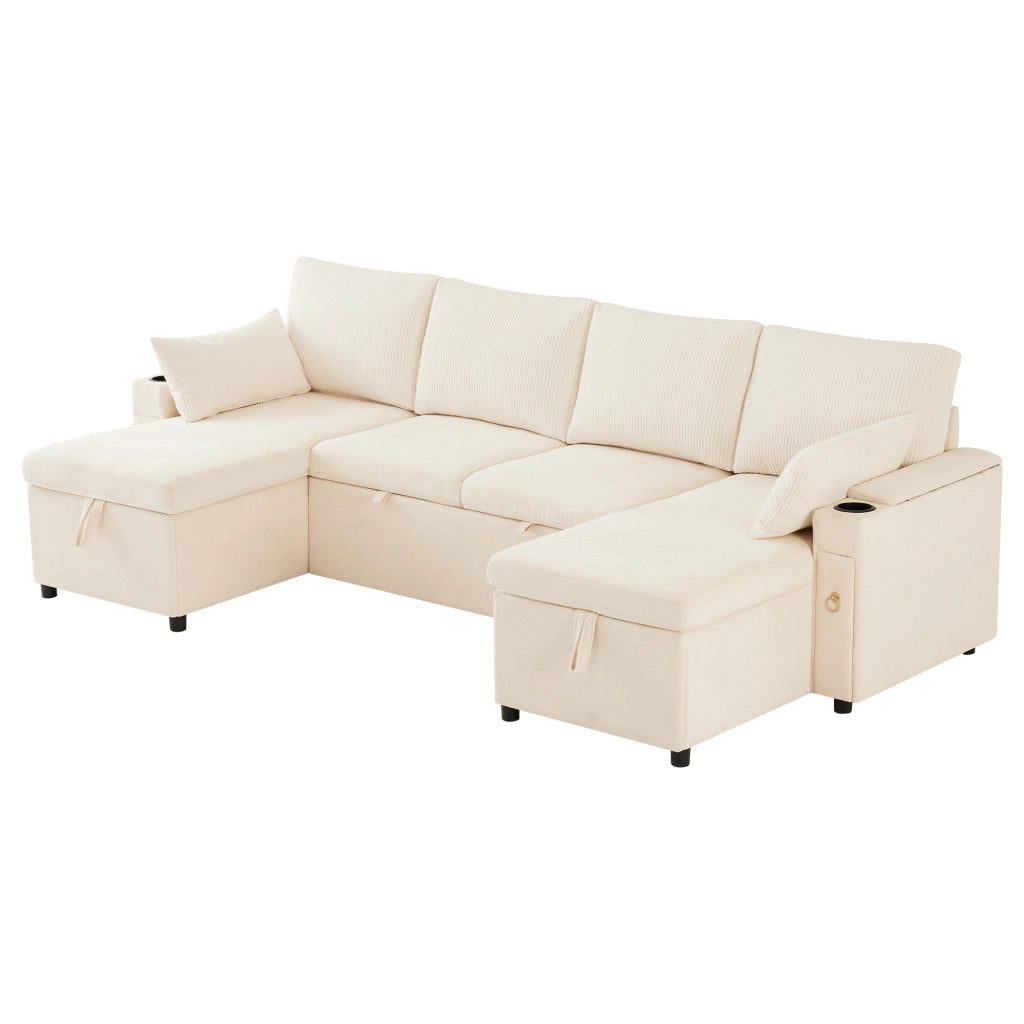 Divano ad angolo convertibile 4 sedili 272 x 131 x 84 cm; U - shape; dormire; tronco; portabicchieri; cuscini; ciniglia; beige