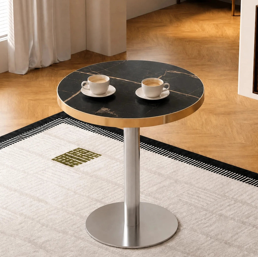 Tavolino rotondo 60 cm in MDF nero effetto marmo, struttura dorata per soggiorno