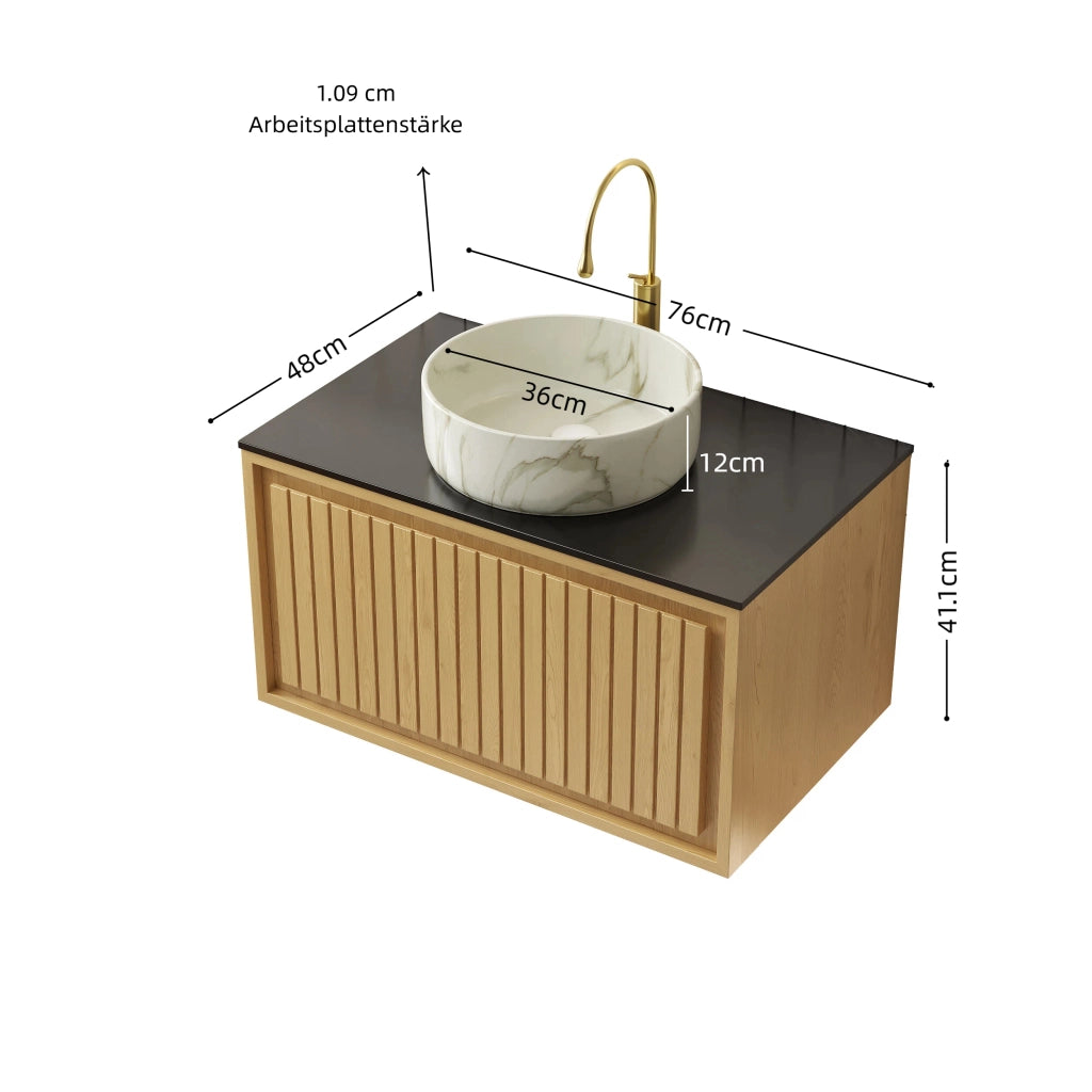 Mobiletto con lavabo sospeso con cassetto e piano in pietra sinterizzata nero 76 × 48 × 53.1 cm